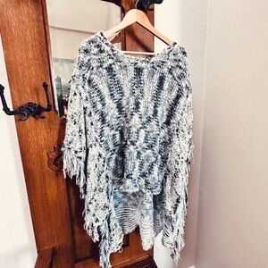 POL Knit Fringe Black and White Poncho Sweater